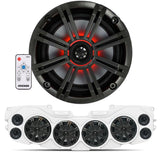Close-up of KICKER speaker with RGB controller and installed black soundbar featuring 4 marine speakers with charcoal grilles, part of the JL/JLU/JT Jeep American Soundbar Kicker Kit.