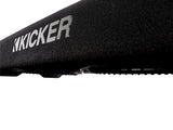 Side view of the Down-Firing CompRT Kicker subwoofer enclosure on a white background, showing its thin-profile design and part of the bottom for 10-inch or 12-inch subwoofer options