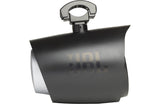 Side view of a JBL MT8HLB 8-inch marine tower speaker with RGB LED lights, showing the 360-degree mounting bracket and sleek design on a white background