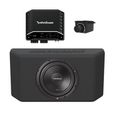 Front view of the subwoofer enclosure with Rockford speakers installed, featuring a Rockford amp placed on top, displayed on a plain background
