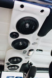 White JK/JKU American SoundBar with 4 speakers installed in a Jeep, designed for a precise OEM fit and rugged off-road durability.