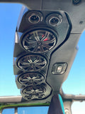 Black soundbar with red lighting controlled by the Kicker RGB LED Controller, part of a custom Jeep audio system.