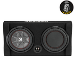 Front view of the Down-Firing CompRT subwoofer enclosure with Kicker subwoofers, available in 10-inch or 12-inch options, displayed on a white background