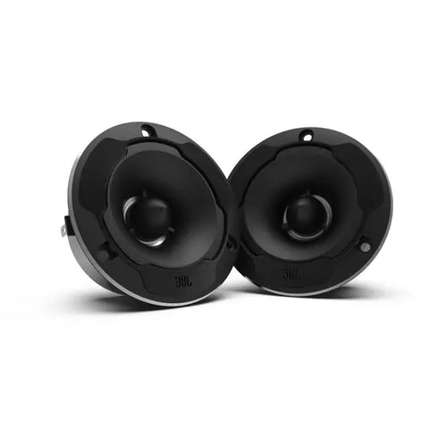 Pair of JBL Shockwave 4T super tweeters with bullet horn design, titanium diaphragm, and die-cast aluminum housing, displayed on a white background