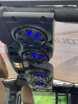 JK/JKU Kicker Kit American SoundBar installed in a car, featuring Kicker speakers with black charcoal grills and illuminated with blue RGB lighting