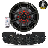 Close-up of KICKER speaker with RGB controller and installed black soundbar featuring 4 marine speakers with charcoal grilles, part of the JL/JLU/JT Jeep American Soundbar Kicker Kit.