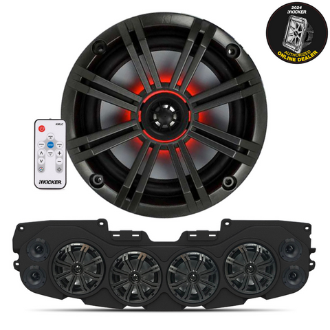 Close-up of KICKER speaker with RGB controller and installed black soundbar featuring 4 marine speakers with charcoal grilles, part of the JL/JLU/JT Jeep American Soundbar Kicker Kit.