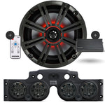 Close-up of a Kicker speaker, with a black JK/JKU Kicker Kit American SoundBar beneath it featuring 4 installed speakers with charcoal grills, an RGB controller on the side, and a Kicker Marine KMA360.4 4-Channel Amplifier, displayed on a white background