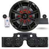 Close-up of a Kicker speaker, with a black JK/JKU Kicker Kit American SoundBar beneath it featuring 4 installed speakers with charcoal grills, an RGB controller on the side, and a Kicker Marine KMA360.4 4-Channel Amplifier, displayed on a white background