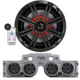 Close-up of a Kicker speaker, with a grey JK/JKU American SoundBar beneath it featuring 4 installed speakers with charcoal grills, an RGB controller on the side, part of the Kicker Kit, displayed on a white background