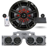 Close-up of a Kicker speaker, with a grey JK/JKU American SoundBar beneath it featuring 4 installed speakers with charcoal grills, an RGB controller on the side, and a Kicker Marine KMA360.4 4-Channel Amplifier, part of the Kicker Kit, displayed on a white background