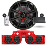 Close-up of a Kicker speaker, with a red JK/JKU American SoundBar beneath it featuring 4 installed speakers with charcoal grills, an RGB controller on the side, and a Kicker Marine KMA360.4 4-Channel Amplifier, part of the Kicker Kit, displayed on a white background