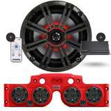 Close-up of a Kicker speaker, with a red JK/JKU American SoundBar beneath it featuring 4 installed speakers with charcoal grills, an RGB controller on the side, and a Kicker Marine KMA360.4 4-Channel Amplifier, part of the Kicker Kit, displayed on a white background