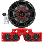 Close-up of a Kicker speaker, with a red JK/JKU Kicker Kit American SoundBar beneath it featuring 4 installed speakers with charcoal grills and an RGB controller on the side, displayed on a white background