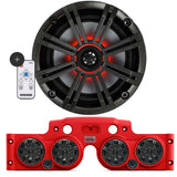 Close-up of a Kicker speaker, with a red JK/JKU Kicker Kit American SoundBar beneath it featuring 4 installed speakers with charcoal grills and an RGB controller on the side, displayed on a white background