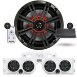 Close-up of a Kicker speaker, with a white JK/JKU Kicker Kit American SoundBar beneath it featuring 4 installed speakers with charcoal grills, an RGB controller on the side, and a Kicker Marine KMA360.4 4-Channel Amplifier, displayed on a white background