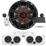 Close-up of a Kicker speaker, with a white JK/JKU Kicker Kit American SoundBar beneath it featuring 4 installed speakers with charcoal grills, an RGB controller on the side, and a Kicker Marine KMA360.4 4-Channel Amplifier, displayed on a white background