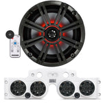 Close-up of a Kicker speaker, with a white JK/JKU Kicker Kit American SoundBar beneath it featuring 4 installed speakers with charcoal grills and an RGB controller on the side, displayed on a white background
