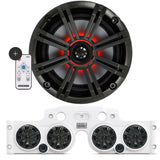 Close-up of a Kicker speaker, with a white JK/JKU Kicker Kit American SoundBar beneath it featuring 4 installed speakers with charcoal grills and an RGB controller on the side, displayed on a white background