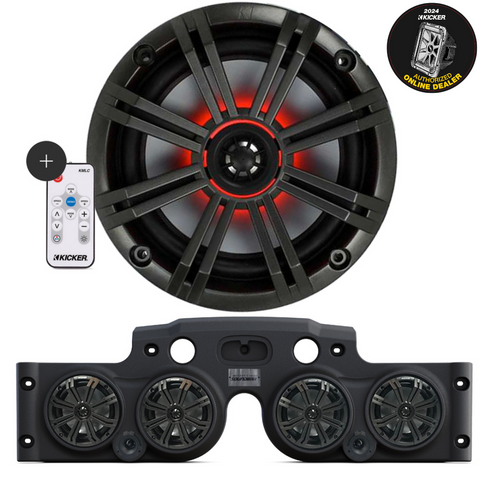 Close-up of a Kicker speaker, with a black JK/JKU Kicker Kit American SoundBar beneath it, featuring 4 installed speakers with charcoal grills and an RGB controller on the side, displayed on a white background