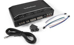 Rockford Fosgate 5-Channel Amplifier with included wires and mono bass knob, perfect for Jeep Wrangler audio systems.
