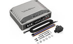 Rockford Fosgate Marine 1-Channel Amplifier with included wires, screws, washers, Allen wrench, and mono bass knob, designed for Jeep Wrangler and marine audio systems.