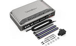 Rockford Fosgate Marine 5-Channel Amplifier with pre-wires, screws, washers, mono bass knob, and Allen wrench, designed for marine and Jeep Wrangler audio systems.