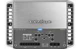 Top view of the Rockford Fosgate Marine 4-Channel Amplifier showing control dials for customization, designed for marine and Jeep Wrangler audio systems.