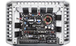 Top view of the Rockford Fosgate Marine 4-Channel Amplifier with the top cover removed, revealing internal components, designed for marine and Jeep Wrangler audio systems.