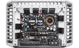 Top view of the Rockford Fosgate Marine 4-Channel Amplifier with the top cover removed, revealing internal components, designed for marine and Jeep Wrangler audio systems.