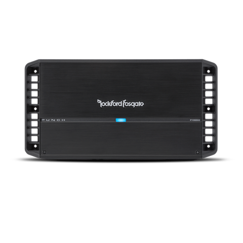 Top view of the Rockford Fosgate Punch 1,000 Watt 2-Channel Amplifier, designed for Jeep Wrangler and car audio systems.