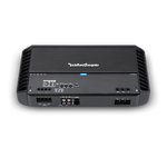 Top and front view of the Rockford Fosgate Punch 1,000 Watt 2-Channel Amplifier, showing controls and ports, designed for Jeep Wrangler and car audio systems.