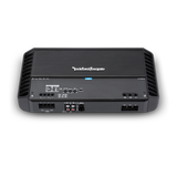 Top and front view of the Rockford Fosgate Punch 1,000 Watt 2-Channel Amplifier, showing controls and ports, designed for Jeep Wrangler and car audio systems.