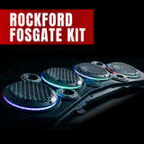 Rockford Fosgate audio speaker kit with multiple circular speakers and illuminated RGB lighting, shown against a black background with a red text banner reading 'ROCKFORD FOSGATE KIT'.
