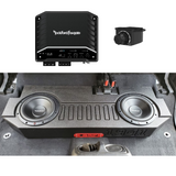 Installed BRP JT Gladiator underseat enclosure with Rockford subwoofer in a Jeep, paired with a pictstiched image of the Sub Amp Kit featuring the Rockford Fosgate R2-500X1 Mono Amplifier