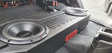 Close-up view of the BRP JT Jeep Gladiator underseat enclosure with two Rockford Fosgate 10-inch subwoofers installed, fitted under the rear seat for enhanced bass performance
