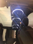 Bottom view of a soundbar installed with 4 speakers showing white LED lighting from the RGB LED Ring Light Kit in a Jeep.