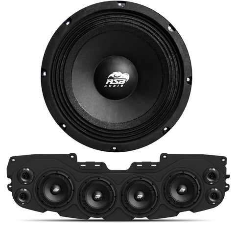 Close-up view of an ASB Audio speaker with a black JL/JLU/JT American SoundBar below, featuring 4 installed speakers from the ASB Audio Kit.