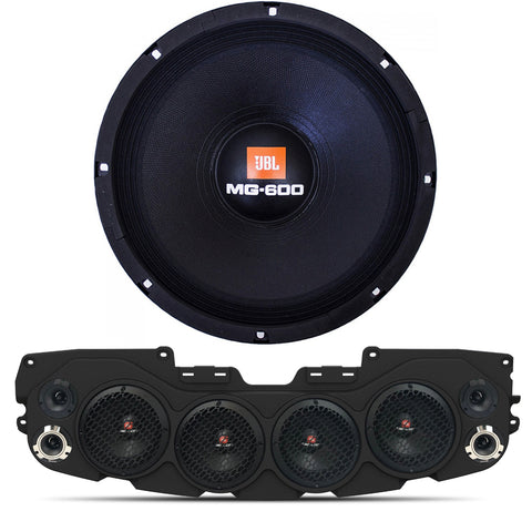 Close-up view of a JBL Audio speaker with a black JL/JLU/JT American SoundBar below, featuring 4 installed speakers, part of the JBL Kit.
