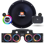 Close-up of a JBL MG600 speaker with RGB LED ring lights, a black JK American SoundBar with 4 speakers and ASB Audio metal mesh grills, and an Infinity Kappa 400 Watt 4-Channel amp installed, displayed on a white background