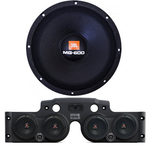 Close-up of a single JBL MG600 speaker, with a black JK American SoundBar beneath it, featuring 4 installed JBL speakers and ASB Audio metal mesh grills, displayed on a white background