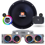 Close-up of a JBL MG600 speaker with RGB LED ring lights, and a grey JK American SoundBar beneath it, featuring 4 installed speakers, ASB Audio metal mesh grills, and an Infinity Kappa 400 Watt 4-Channel amp, displayed on a white background