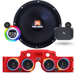 Close-up of a JBL MG600 speaker with RGB LED ring lights, and a red JK American SoundBar beneath it, featuring 4 installed speakers, ASB Audio metal mesh grills, and an Infinity Kappa 400 Watt 4-Channel amp, displayed on a white background