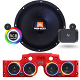 Close-up of a JBL MG600 speaker with RGB LED ring lights, and a red JK American SoundBar beneath it, featuring 4 installed speakers, ASB Audio metal mesh grills, and an Infinity Kappa 400 Watt 4-Channel amp, displayed on a white background