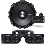 Close-up view of a Rockford Fosgate speaker installed in a black JK/JKU American SoundBar with 4 speakers and a mesh grill, accompanied by a Rockford Fosgate 500 Watt 4-Channel Prime Amplifier (R2-500X4), part of the Rockford Fosgate Kit.