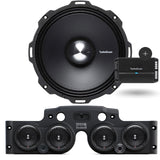 Close-up view of a Rockford Fosgate speaker installed in a black JK/JKU American SoundBar with 4 speakers and a mesh grill, accompanied by a Rockford Fosgate 500 Watt 4-Channel Prime Amplifier (R2-500X4), part of the Rockford Fosgate Kit.