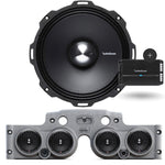 Close-up view of a Rockford Fosgate speaker installed in a grey JK/JKU American SoundBar with 4 speakers and a mesh grill, along with a Rockford Fosgate 500 Watt 4-Channel Prime Amplifier (R2-500X4), part of the Rockford Fosgate Kit.