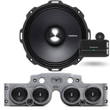 Close-up view of a Rockford Fosgate speaker installed in a grey JK/JKU American SoundBar with 4 speakers and a mesh grill, along with a Rockford Fosgate 500 Watt 4-Channel Prime Amplifier (R2-500X4), part of the Rockford Fosgate Kit.