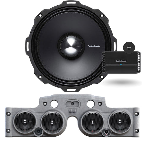 Close-up view of a Rockford Fosgate speaker installed in a grey JK/JKU American SoundBar with 4 speakers and a mesh grill, along with a Rockford Fosgate 500 Watt 4-Channel Prime Amplifier (R2-500X4), part of the Rockford Fosgate Kit.