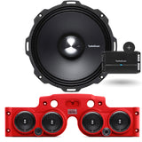 Close-up view of a Rockford Fosgate speaker installed in a red JK/JKU American SoundBar with 4 speakers and a mesh grill, along with a Rockford Fosgate 500 Watt 4-Channel Prime Amplifier (R2-500X4), part of the Rockford Fosgate Kit.
